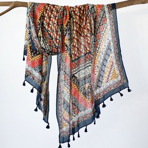 Red Black Floral Exotic Woman Scarf Lightweight Bohemian Tassels Shawl Boho Wrap Mothers Day Birthday Gift for Her