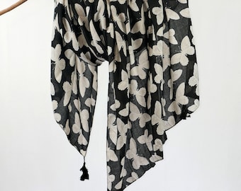 Black Off White Butterfly Autumn Scarf Cotton Feel Tassel Shawl Gift for Butterflies Lovers