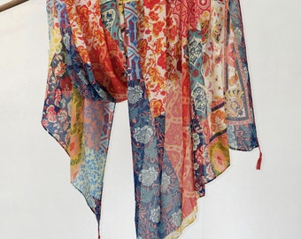 Tribal Floral Printed Soft Voile Scarf Colorful Lightweight Bohemian Shawl Boho Wrap with Tassels