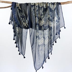 Blue White Exotic Woman Scarf Boho Spring Shawl Tassel Head Wrap Birthday Mother&#39;s Day Gift for Her 73x33&quot;