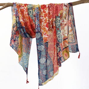 Tribal Floral Printed Soft Voile Scarf Colorful Lightweight Bohemian Shawl Boho Wrap with Tassels