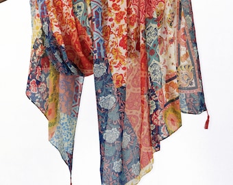 Tribal Floral Printed Soft Voile Scarf Colorful Lightweight Bohemian Shawl Boho Wrap with Tassels