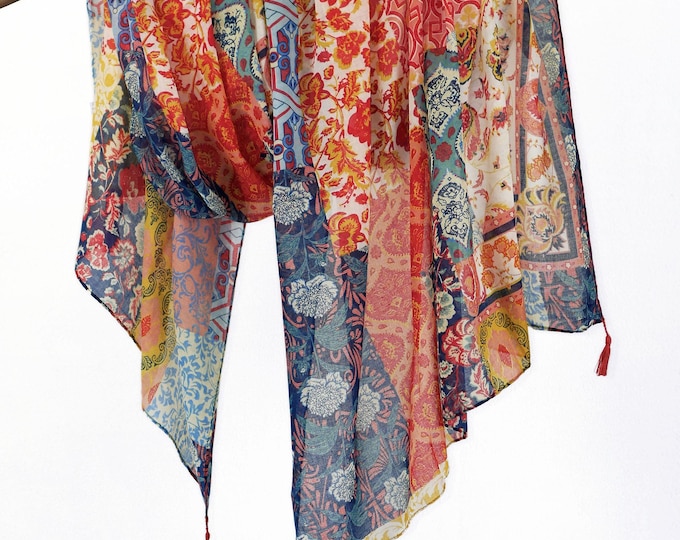Tribal Floral Printed Soft Voile Scarf Colorful Lightweight Bohemian Shawl Boho Wrap with Tassels