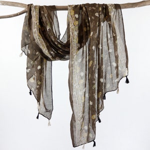 Earthy Brown Paisley Scarf Boho Tassel Shawl Spring Wrap Gift for Her 73x33&quot;