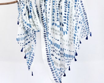 Pottery Blue White Printed  Lightweight Summer Scarf Soft Tassel Shawl Boho Wrap Gift for Her