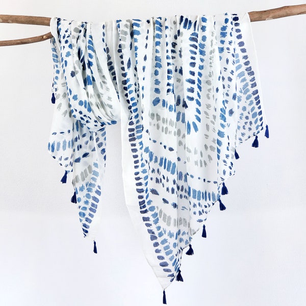 Pottery Blue White Printed  Lightweight Summer Scarf Soft Tassel Shawl Boho Wrap Gift for Her