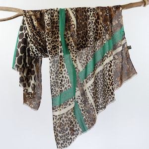 Green Stripes Chocolate Brown Cheetah Leopard Print Scarf Unisex Autumn Wraps Birthday Gift for Her 71x33"