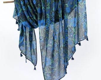 Bufanda negra con estampado floral azul y hojas verdes, chal bohemio con borlas, regalo para ella, 185 x 84 cm