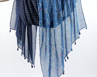 Two Tone Indigo Blue Lightweight Voile Shawl Boho Navy Tassel Woman Scarf 73x33"
