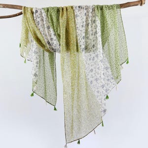 Extra Thin Green Floral Soft Voile Woman Scarf Tassel Shawl Botanical Spring Flower Wrap Gift for Her
