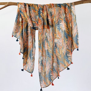 Orange Blue Autumn Leaves Scarf Boho Botanical Tassel Shawl Fall Wrap Mothers Day Gift