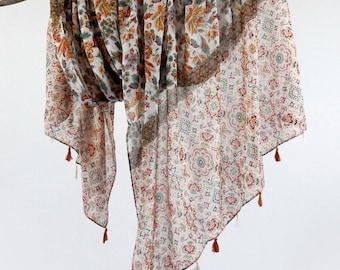 Orange Brown Paisley Floral Woman Scarf Boho Flower Tassel Shawl Autumn Botanical Wrap Gift for Her 73x33"