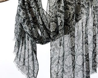 Black White Soft Voile Spring Scarf Raw Edge Floral Wrap Boho Flower Shawl Mother's Day Birthday Gift for Her