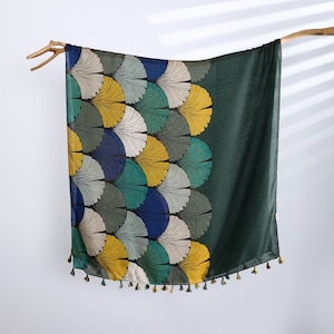 Autumn Leaves Green Soft Tassel Scarves, Bohemian Neck Scarf Long Multicolor Woman Shawl