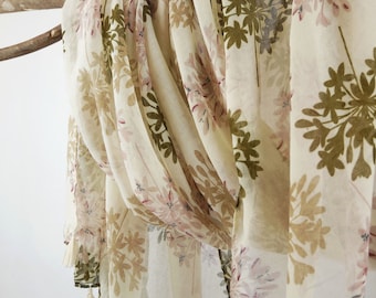 Khaki Floral Woman Scarf Lightweight Tassel Shawl Boho Summer Wrap Gift for Her