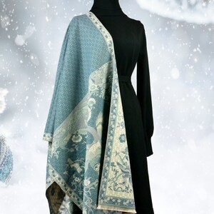 Custom Embroidered Initial Baby Blue Beige Thick Warm Winter Scarf Reversible Luxury Shawl Gift for Her