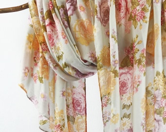 Botanical Floral Woman Scarf Boho Tassel Shawl Secret Garden Flower Wrap Birthday Mothers Day Gift for Her 73x33"