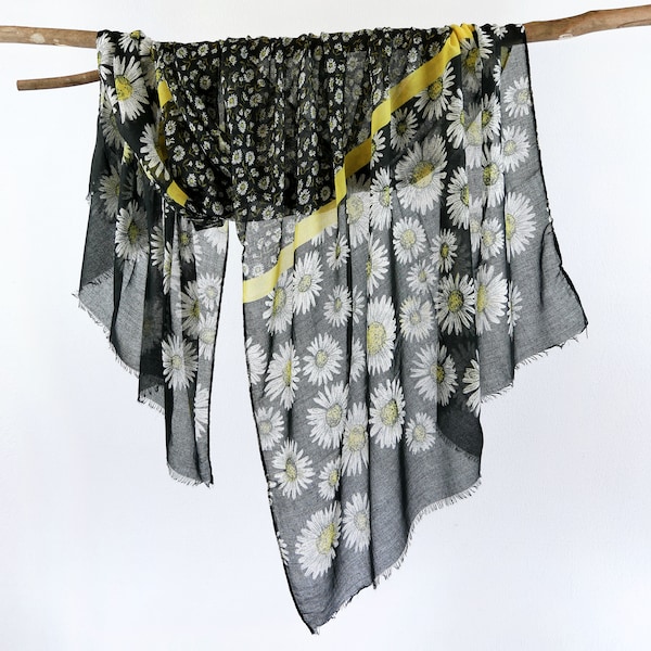 Black White Yellow  Daisy Floral Woman Scarf Boho Botanical Flower Voile Wrap Mothers Day Birthday Gift for Her 71x33"