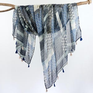 Blue White Exotic Woman Scarf Boho Spring Shawl Tassel Head Wrap Birthday Mother&#39;s Day Gift for Her 73x33&quot;