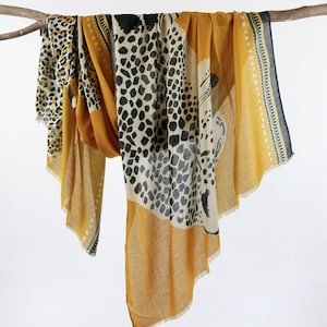 Cheetah Leopard Print Scarf Raw Edge Golden Yellow Animal Shawl Boho Wraps Gift for Her 71x33"