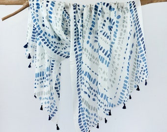 Pottery Blue White Printed  Lightweight Summer Scarf Soft Tassel Shawl Boho Wrap Gift for Her