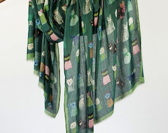Green Cats Scarf for Animal Lovers, Unisex Kitty Scarves Wrap Birthday Gift for Her