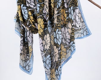 Blue Edge Olive Green Floral Shawl Autumn Botanical Woman Scarf Boho Flower Wrap Mother's Day Birthday Gift 71x33"