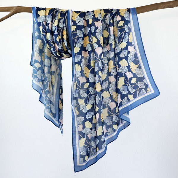 Blue Yellow Autumn Scarf Botanical Shawl Boho Flower Wrap Mother's Day Birthday Gift for Ginkgo Lovers 71x33"