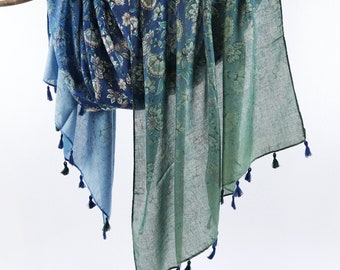 Blue Green Gradient Floral Shawl Botanical Woman Scarf Boho Wrap Gift for Her