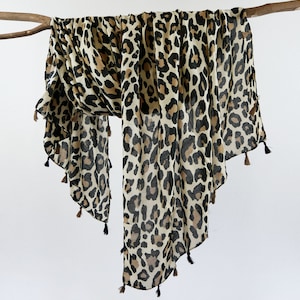 Brown Beige Leopard Cheetah Print Scarf Woman Tassel Shawl Birthday Mothers Day Gift for Her 73x33"