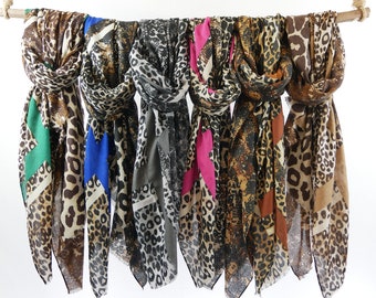 Raw Edge Earthy Dark Brown Black Gray Scarf Cheetah Leopard Printed Unisex Autumn Wraps 71x33"