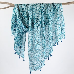 Blue Tassel Woman Scarf Soft Cotton Feel Boho Wrap Birthday Mothers Day Gift for Her 73x33&quot;