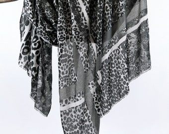 Silver Stripes Black Gray Unisex Scarf Cheetah Leopard Printed Unisex Autumn Wraps Birthday Gift for Her 71x33"