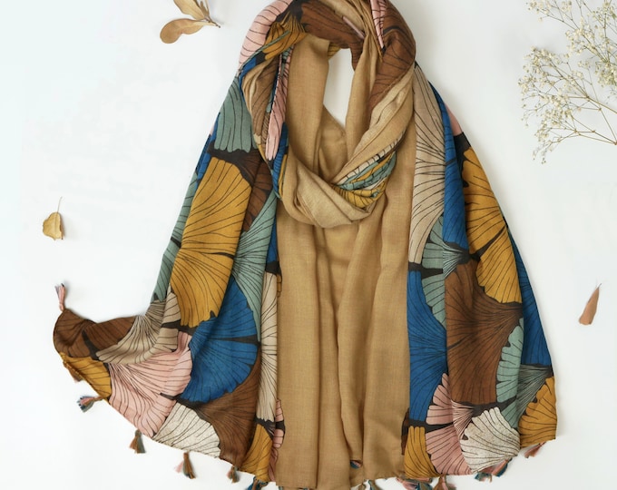 Autumn Khaki Brown Tassel Scarves, Earthy Botanical Bohemian Neck Scarf, Multicolor Shawl long Scarf Wrap for Women