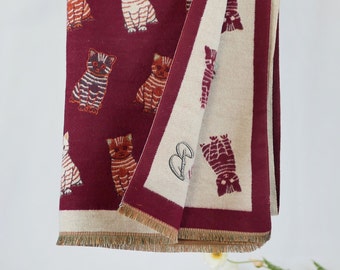 Burgundy Red Beige Christmas Scarf Winter Shawl for Cat Lovers Personalized Initial Embroidery Gift
