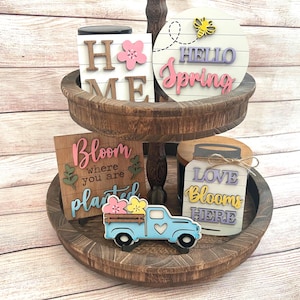 Spring Tiered Tray Decor, Mini Wood Signs, Floral