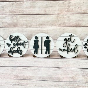 Mini bathroom signs, Funny bathroom signs, Bathroom tiered tray decor