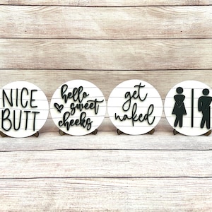 Mini bathroom signs, Funny bathroom signs, Bathroom tiered tray decor
