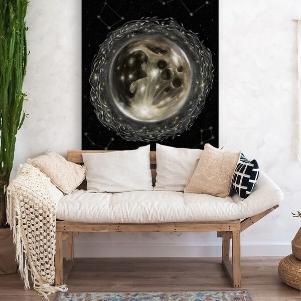 Moon and the Stars Digital Print, Boho Moon Graphic, Digital Wall Art Download, Celestial Moon Dark Moody Art, PNG digital file