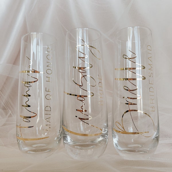 personalized champagne glasses, stemless glass champagne flutes, champagne glasses, bridesmaid gift, bridesmaid proposal, bachelorette party