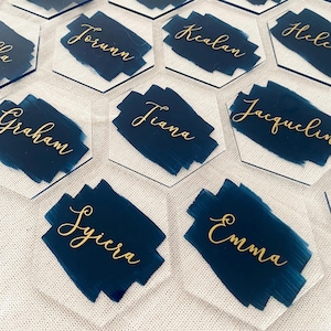 marque-places de mariage hexagonaux en acrylique, cartes de nom de mariage, marque de place de nom en acrylique, table d'hôtes, marque-places uniques, décoration de table de mariage