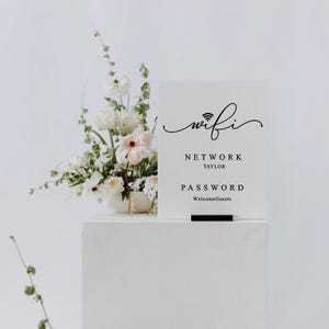 May include: White sign with black text and a wifi symbol. The text reads "wifi", "NETWORK TAYLOR", "PASSWORD", and "WelcomeGuests".