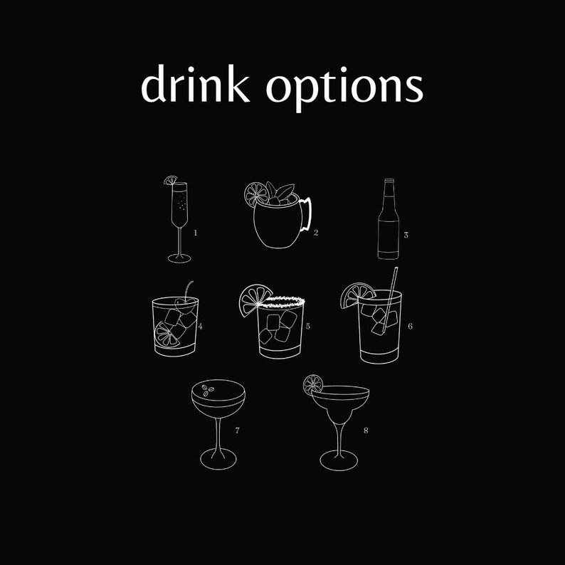 May include: A black and white illustration of eight different drink options, including a champagne flute, a mug, a beer bottle, a highball glass, a margarita glass, and a martini glass. The drinks are numbered 1 through 8.