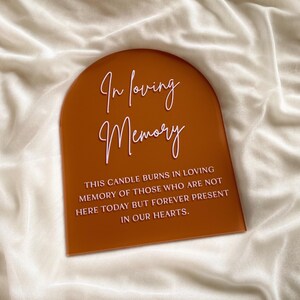 以下が含まれることがあります： 「In loving memory. This candle burns in loving memory of those who are not here today but forever present in our hearts.」と書かれた白い文字が、茶色のアーチ型のプレートに入っています。