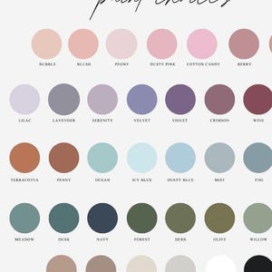 May include: A chart of 24 paint color swatches with names below each swatch. The colors include bubble, blush, peony, dusty pink, cotton candy, berry, lilac, lavender, serenity, velvet, violet, crimson, wine, terracotta, penny, ocean, icy blue, dusty blue, mist, fog, meadow, dusk, navy, forest, herb, olive, willow, cocoa, cafe, taupe, grey, white, and black.