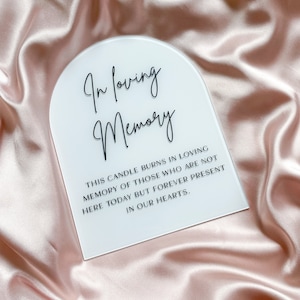 以下が含まれることがあります： 「In loving memory」というテキストと、そこにいないけれど永遠に私たちの心にいる人々の記憶を灯すキャンドルについてのメッセージが書かれた、白いアーチ型の透明アクリル製のサインです。