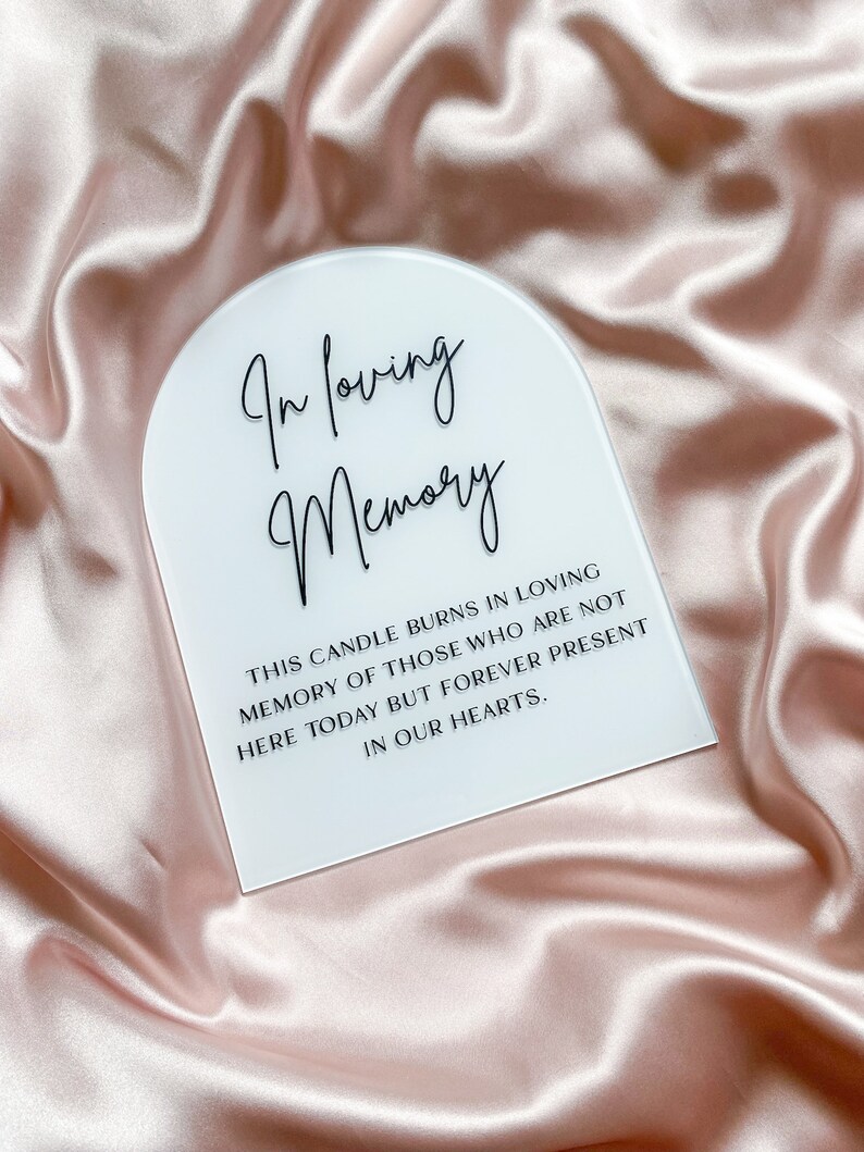 以下が含まれることがあります： 「In loving memory」というテキストと、そこにいないけれど永遠に私たちの心にいる人々の記憶を灯すキャンドルについてのメッセージが書かれた、白いアーチ型の透明アクリル製のサインです。