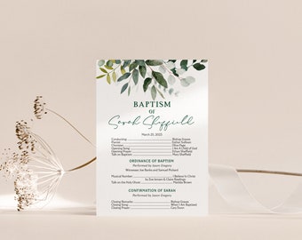 May include: A white and green baptism programme with floral accents. The programme lists the order of service for the baptism of Sarah Sheffield on March 25, 2025.