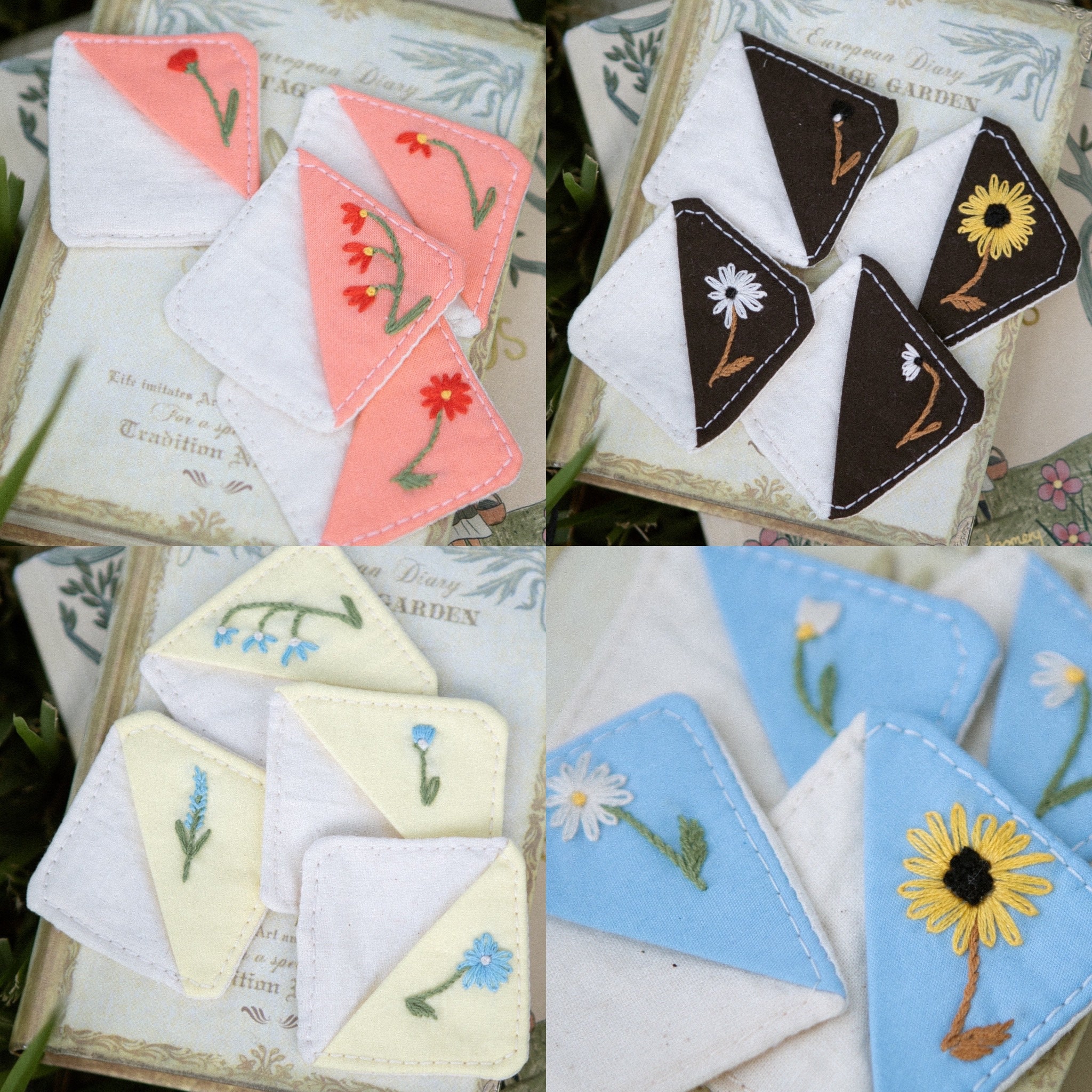 Vintage Corner Bookmark Handmade Flower Embroidery Green Etsy