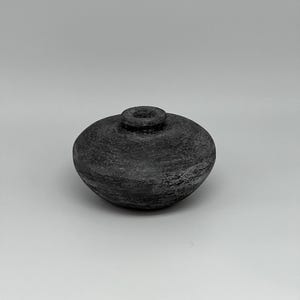 May include: A dark grey, textured ceramic vase with a rounded body and a small, cylindrical opening at the top. The vase has a rough, weathered appearance, suggesting a handmade or rustic aesthetic. The background is a plain, light grey.